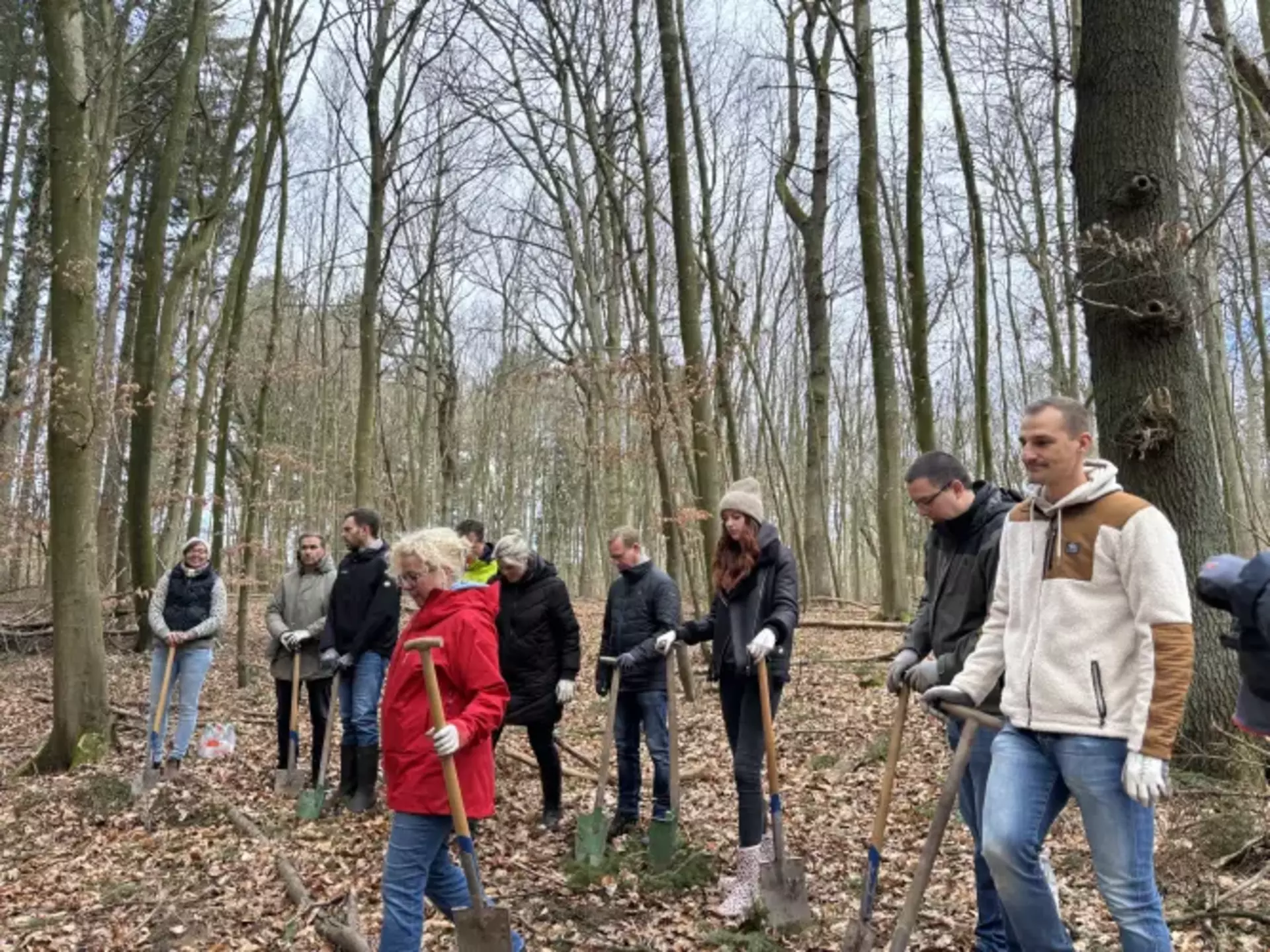 Kolleg*innen der Schwartauer Werke mit Mitarbeiter*innen der Mövenpick Holding stehen im winterlichen Waldgebiet von Kücknitz, jeweils mit einer Schaufel in der Hand. Sie tragen warme Kleidung und beginnen die ersten Bäume für den Mischwald zu pflanzen.