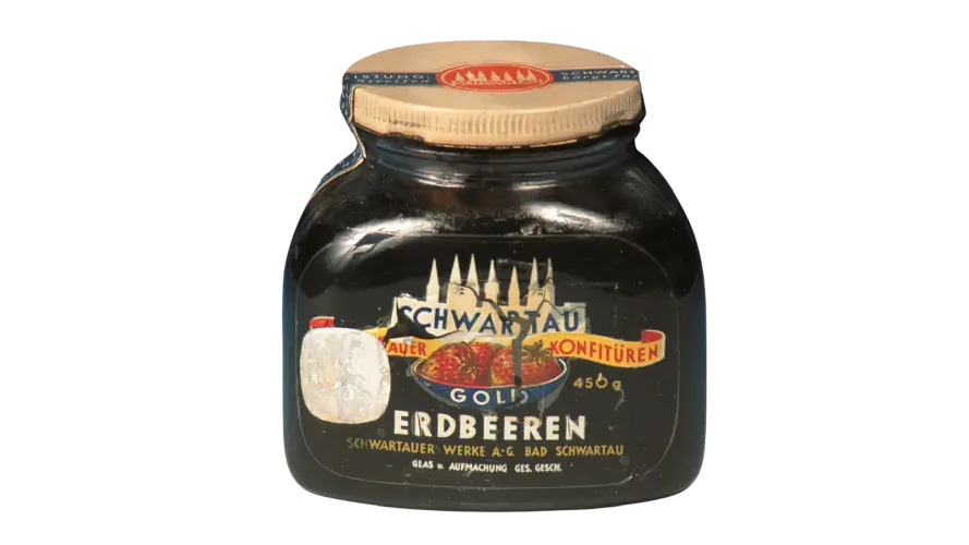 Dreikantglas von Schwartau Gold in der Sorte Erdbeere 1934