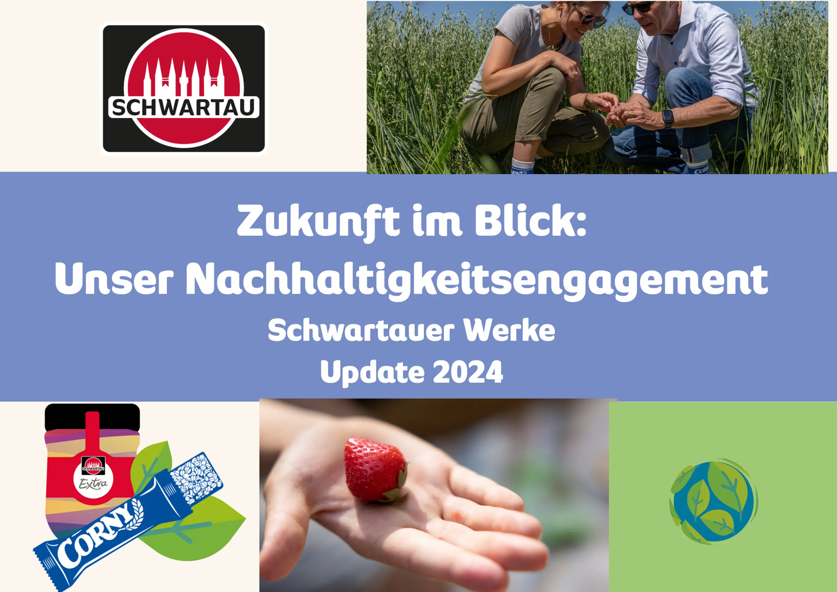 Die Titelseite des Nachhaltigkeitsberichts 2024 mit mehreren Fotokacheln, darauf Personen, das Schwartauer Werke Logo, eine Hand, die eine Erdbeere hält und eine grüne Weltkugel.