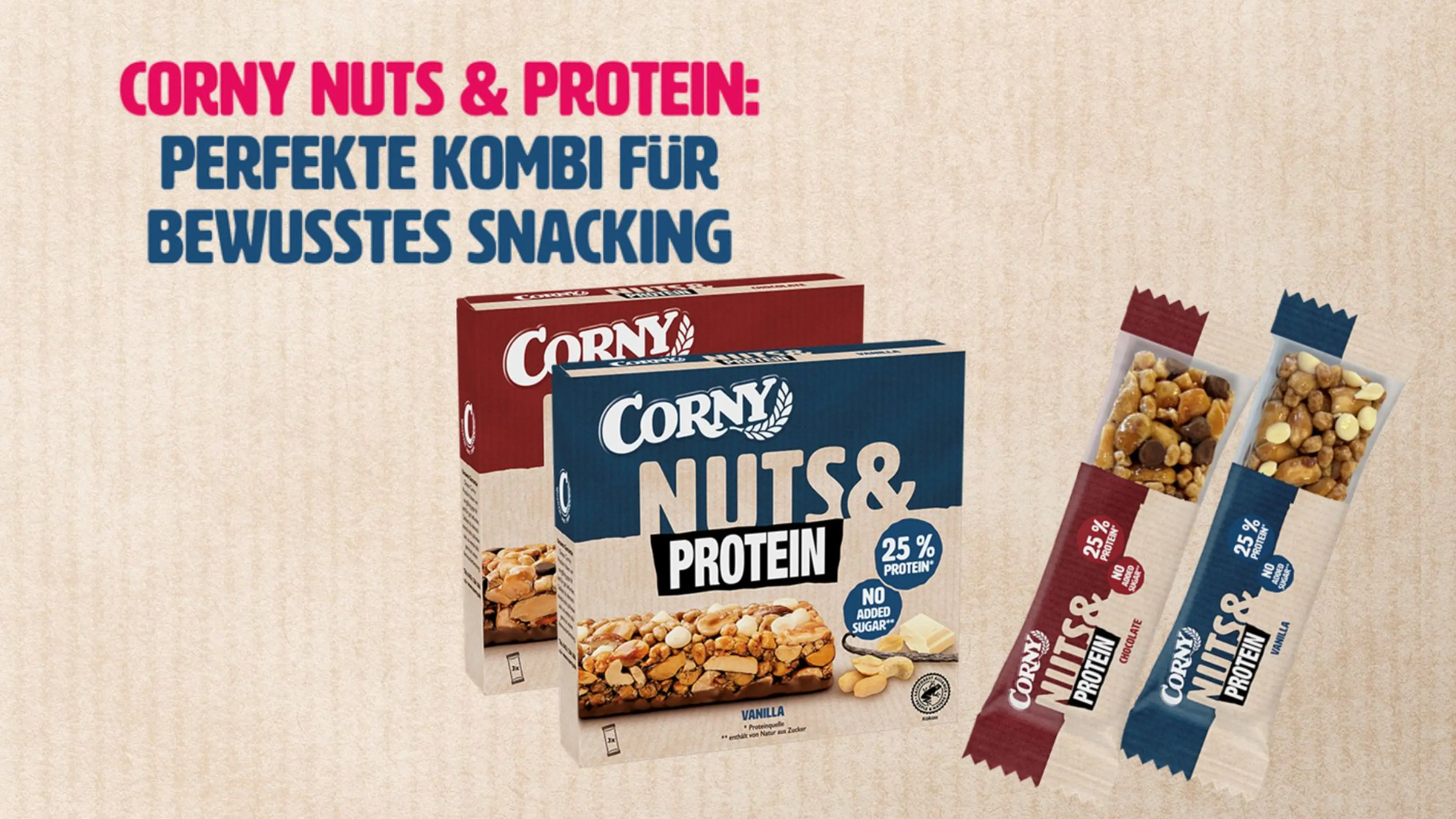 Werbeplakat für Corny Nuts & Protein in den Sorten "Chocolate" und Vanilla". Man sieht zwei Faltschachteln in beige rot bzw. beige blau sowie die beiden Einzelriegel (rote Variante = Schokolade und blaue = Vanille)