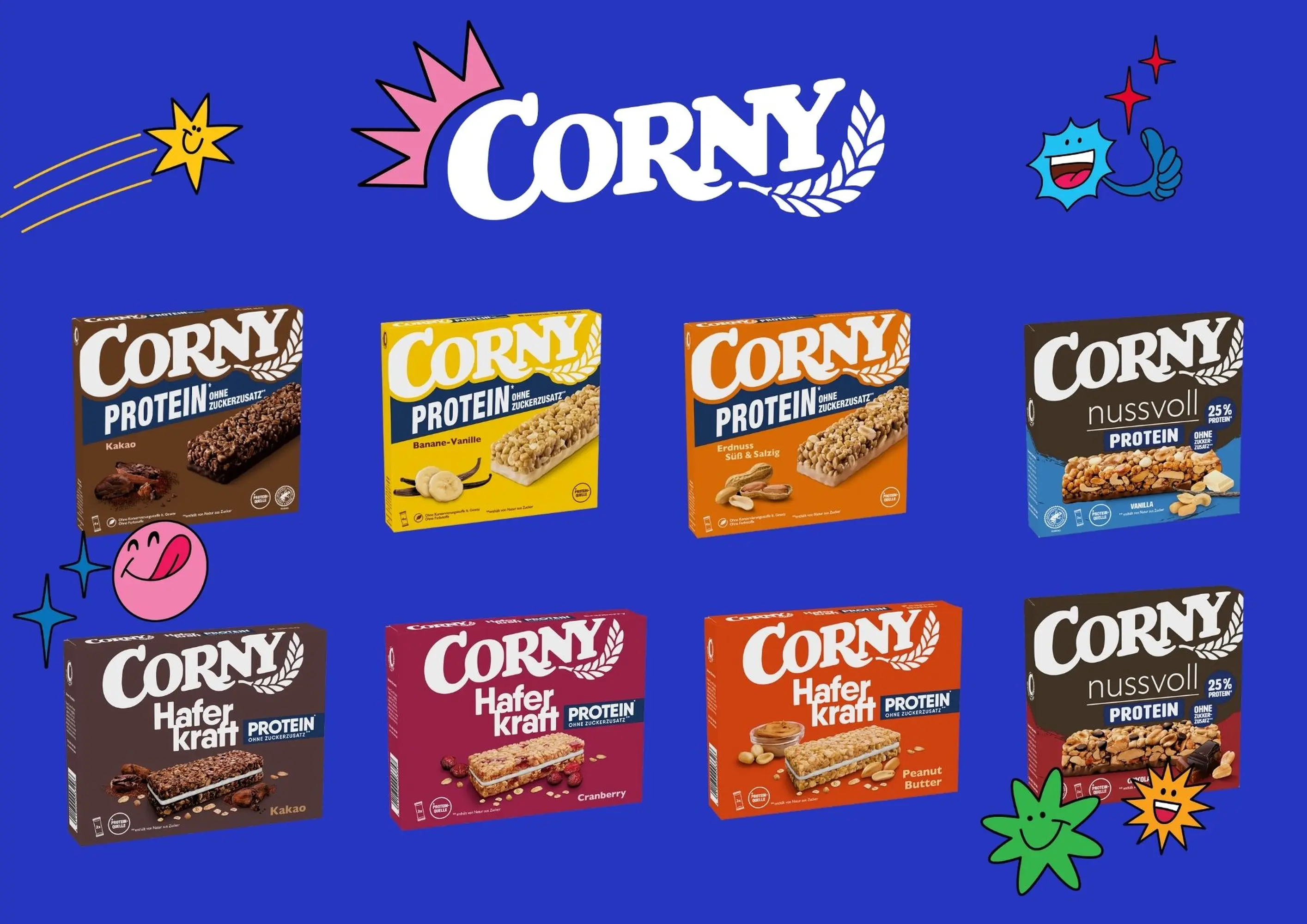 Auf dem Bild sieht man acht Corny Faltschachteln in verschiedenen Sorten. Neben Corny Classic mit Protein gibt es Corny Haferkraft Protein sowie Corny nussvoll Protein.